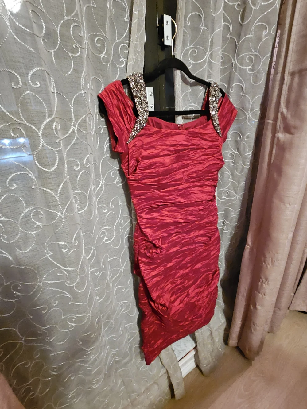 Alex Evenings Red Ruched Mini Dress with Jeweled Shoulders - Picture 4 of 16